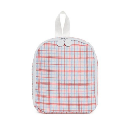 Plaid-patterned lunch bag with a white strap on a white background
