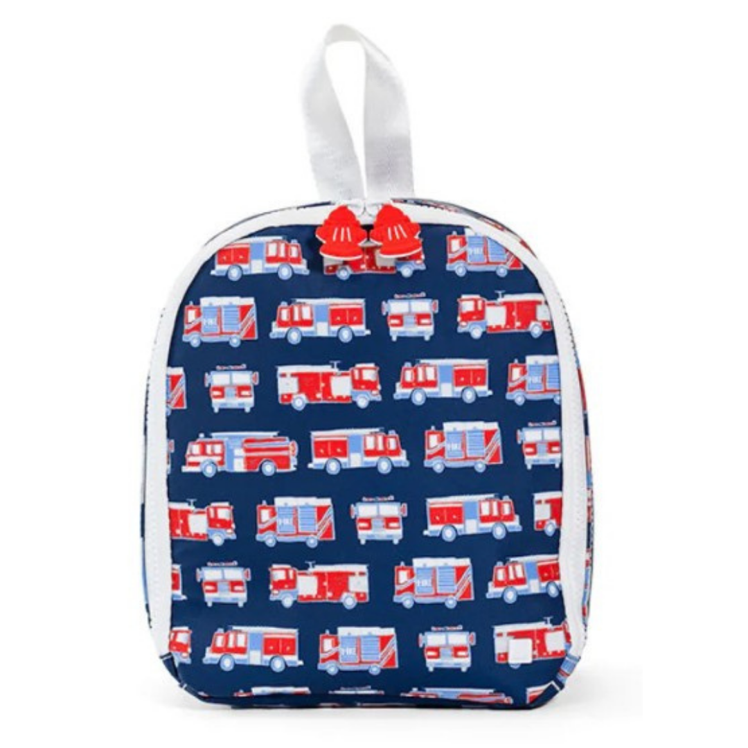 Lunch bag with fire truck pattern on a white background