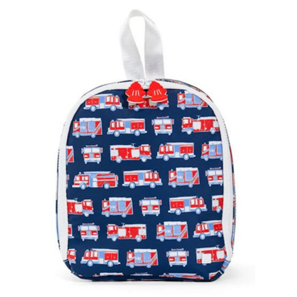 Lunch bag with fire truck pattern on a white background