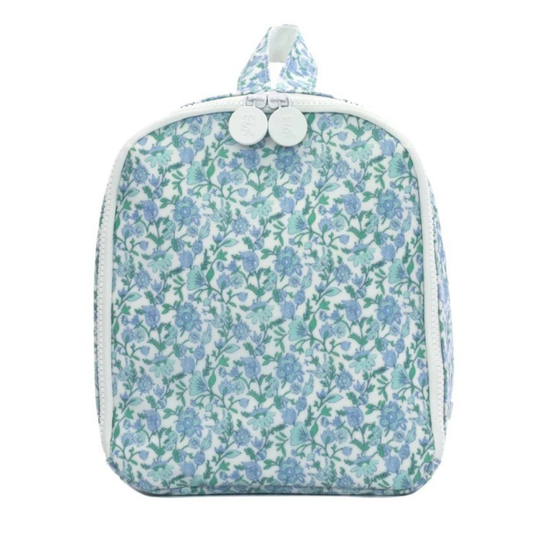 Floral-patterned lunch bag on a white background