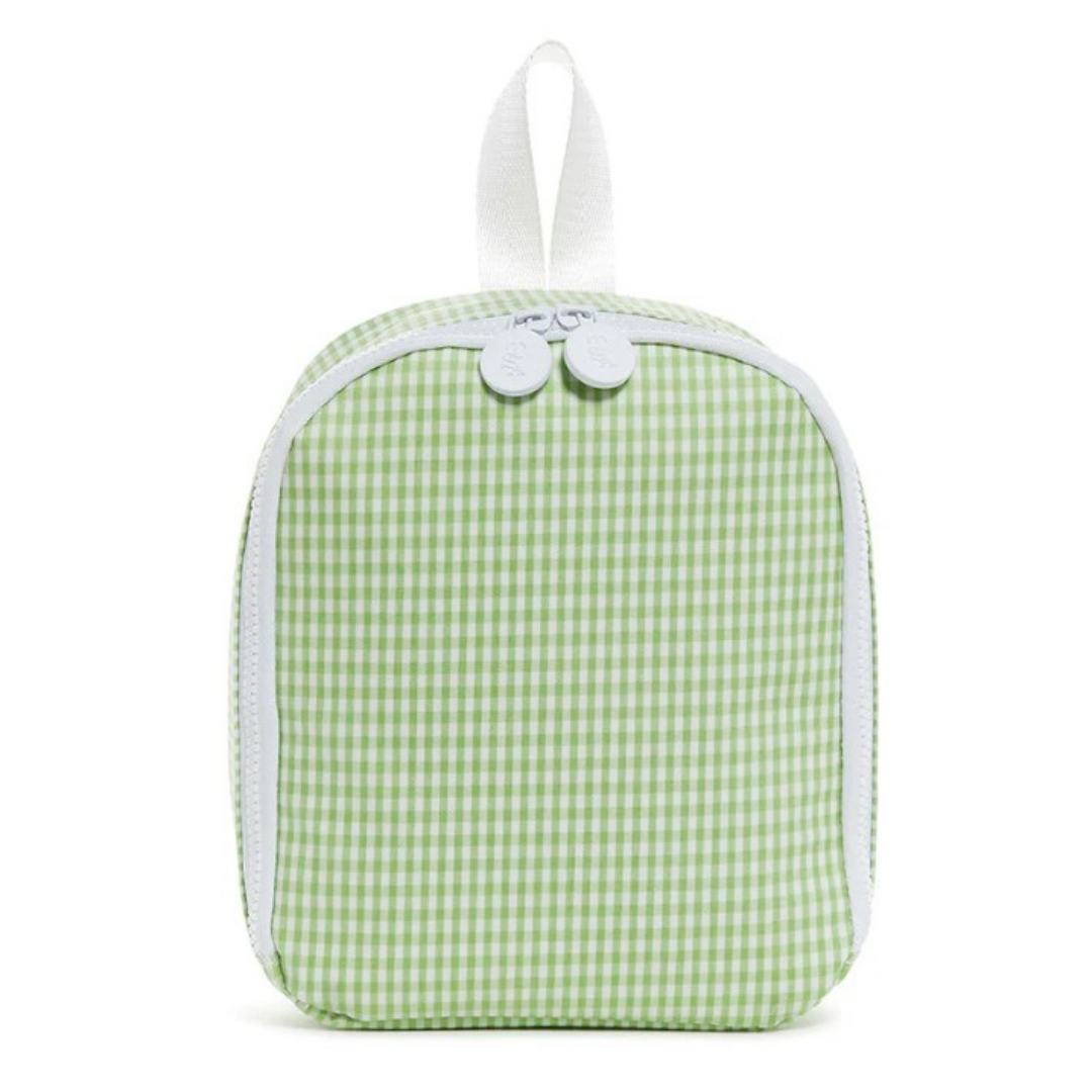 Green checkered lunch bag with a white button on a white background
