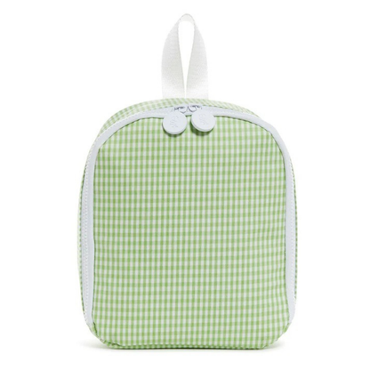 Green checkered lunch bag with a white button on a white background