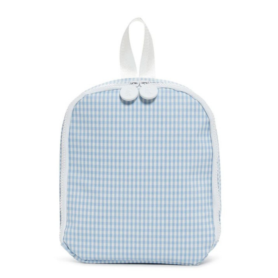 Small blue and white checkered lunch bag with a white strap on a white background