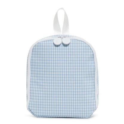 Small blue and white checkered lunch bag with a white strap on a white background