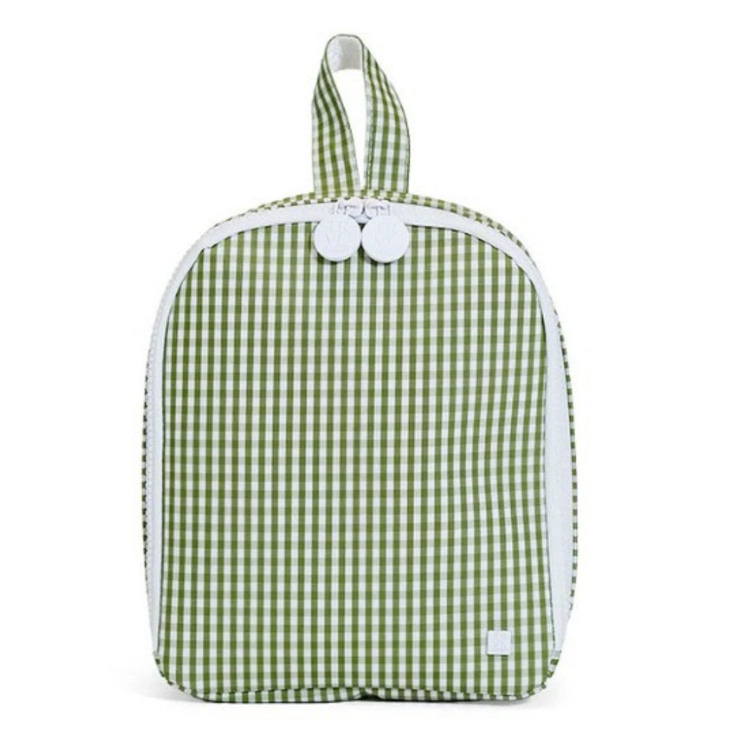 Green and white checkered lunch bag with a white strap on a white background