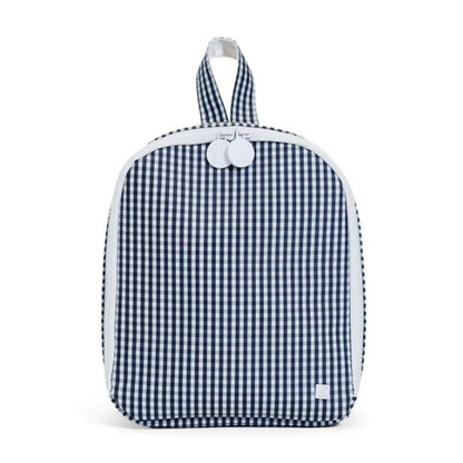 Blue and white checkered lunch bag on a white background
