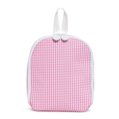 Pink gingham-patterned bag with white trim on a white background