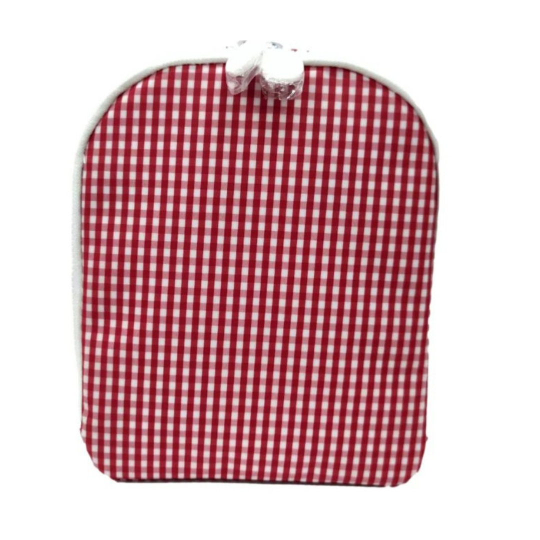 Red and white checkered lunch bag on a white background