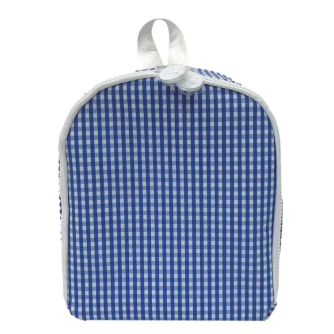 Blue and white checkered lung bag with a white strap on a white background