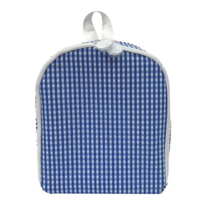 Blue and white checkered lung bag with a white strap on a white background