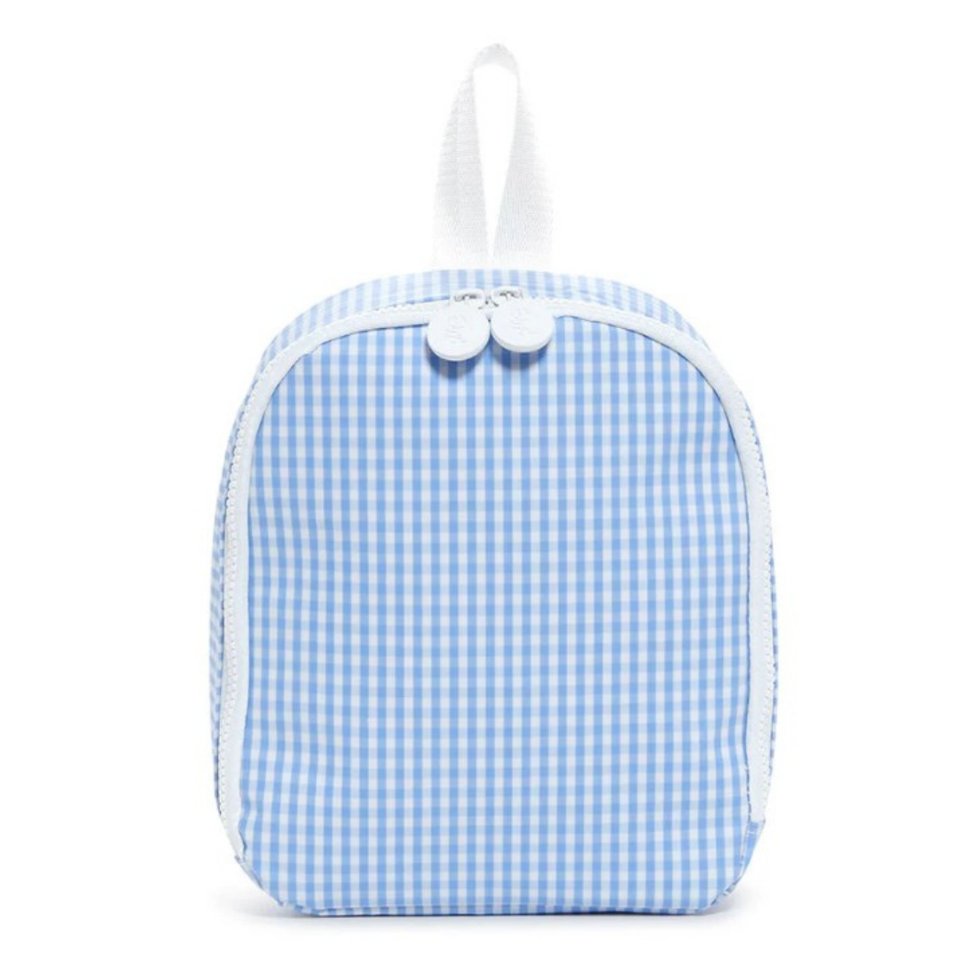 Blue and white checkered bag with a strap on a white background