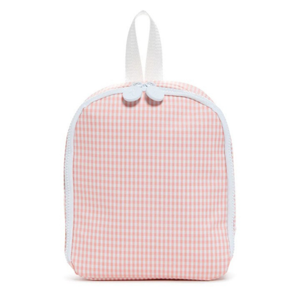 Pink gingham lunch bag with white accents on a white background
