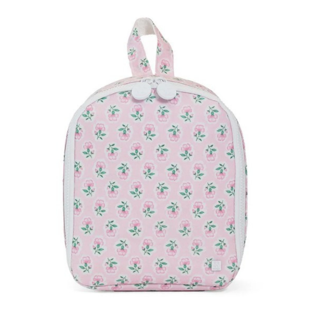 Pink floral-patterned lunch bag on a white background