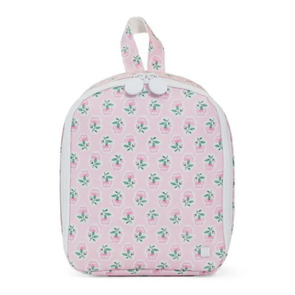 Pink floral-patterned lunch bag on a white background