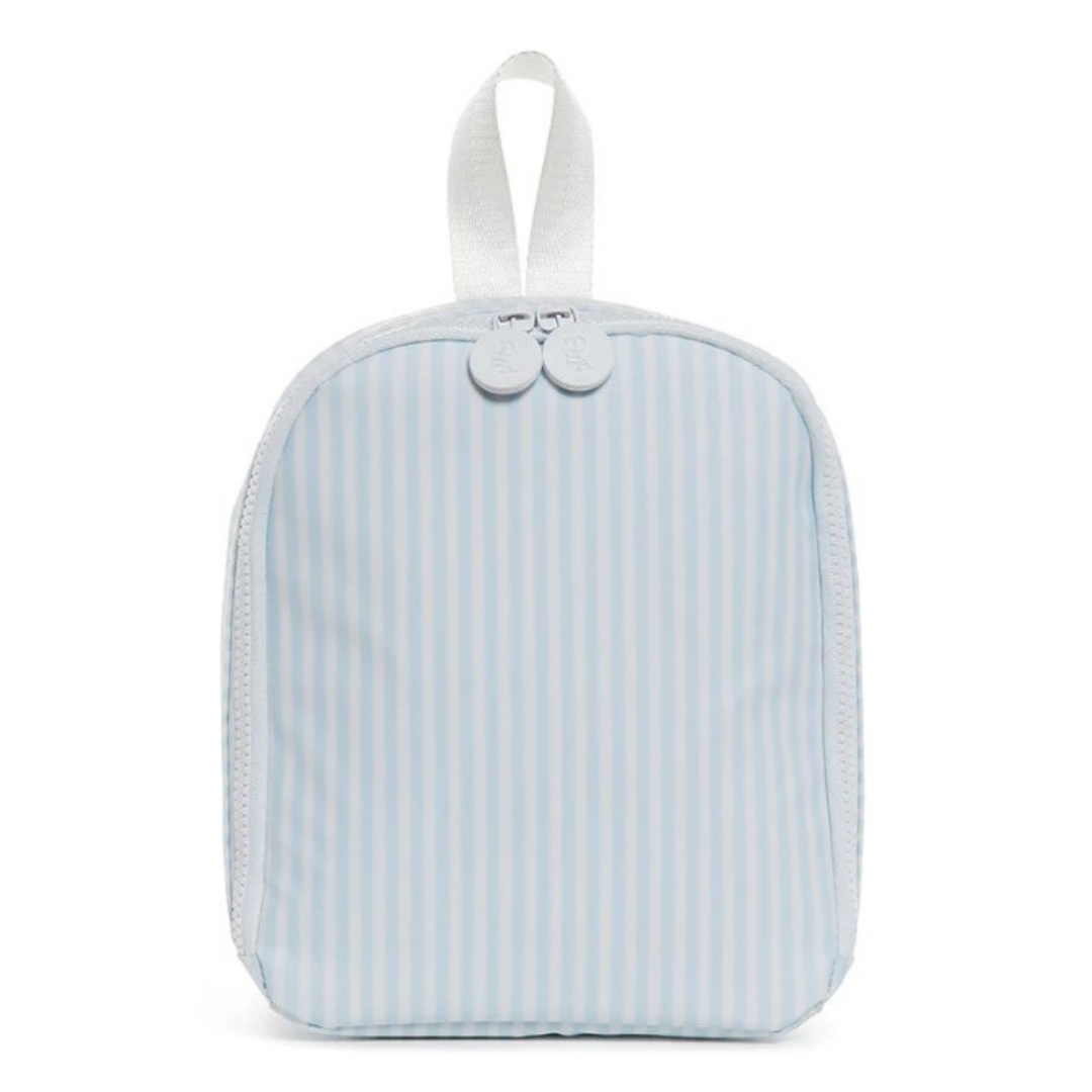 Light blue striped lunch bag with a white strap on a white background