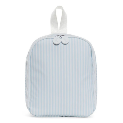 Light blue striped lunch bag with a white strap on a white background