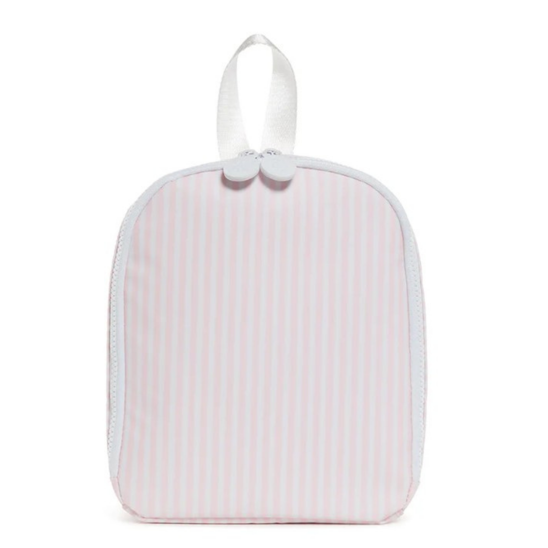 Pink and white striped lunch bag with a white strap on a white background
