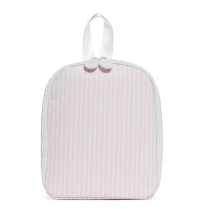 Pink and white striped lunch bag with a white strap on a white background