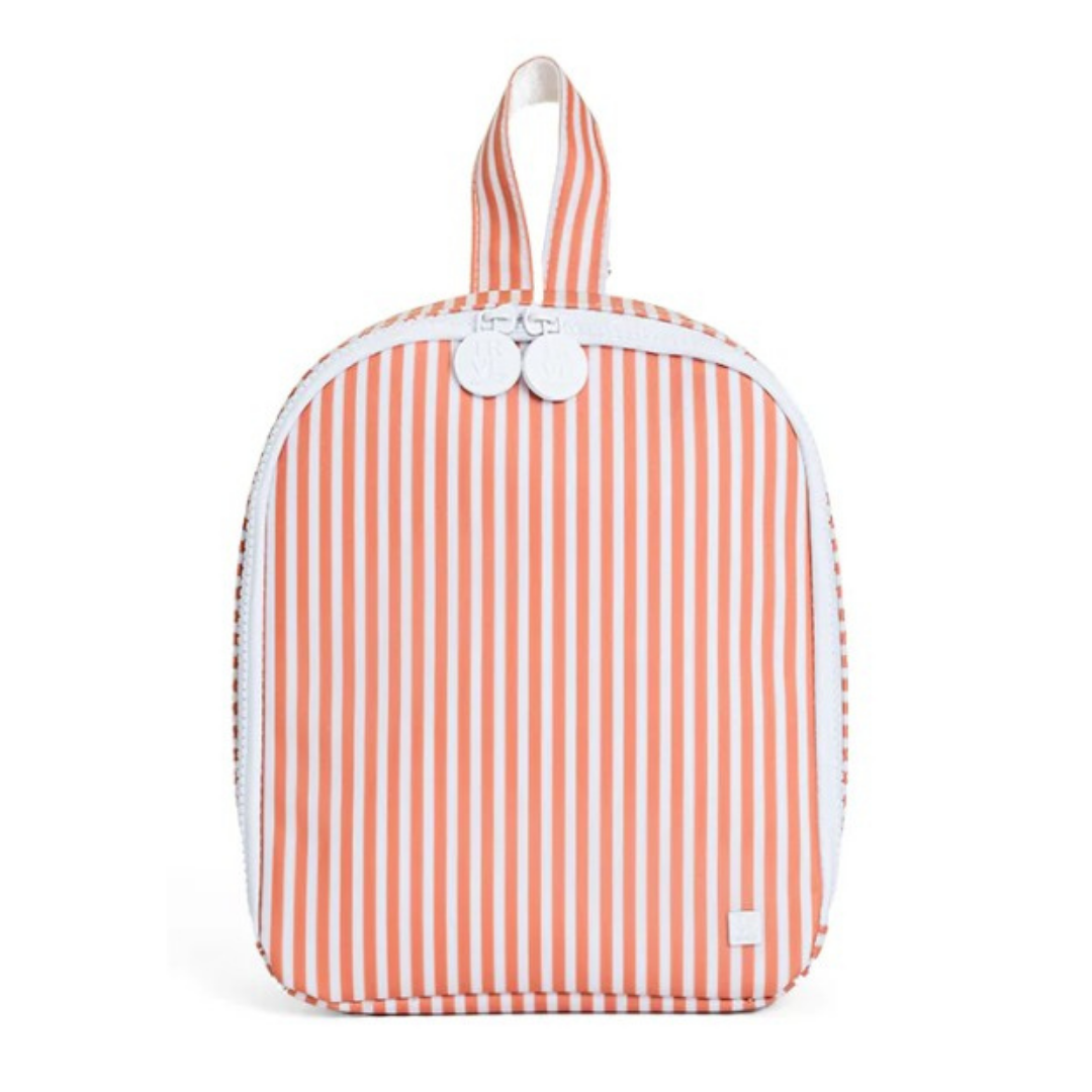 Orange and white striped bag with a white strap on a white background