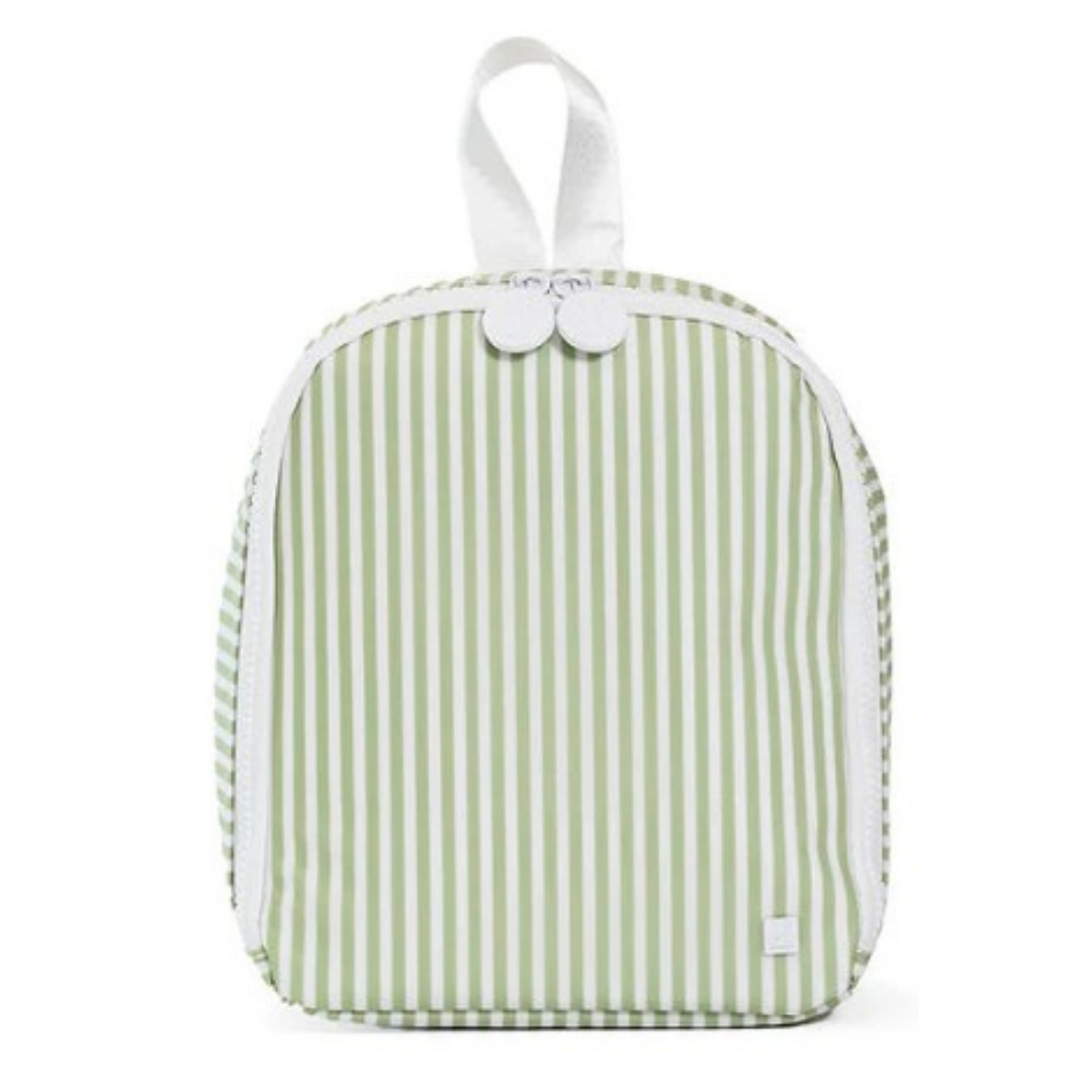Green striped lunch bag with white handle on a white background