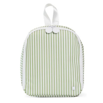 Green striped lunch bag with white handle on a white background