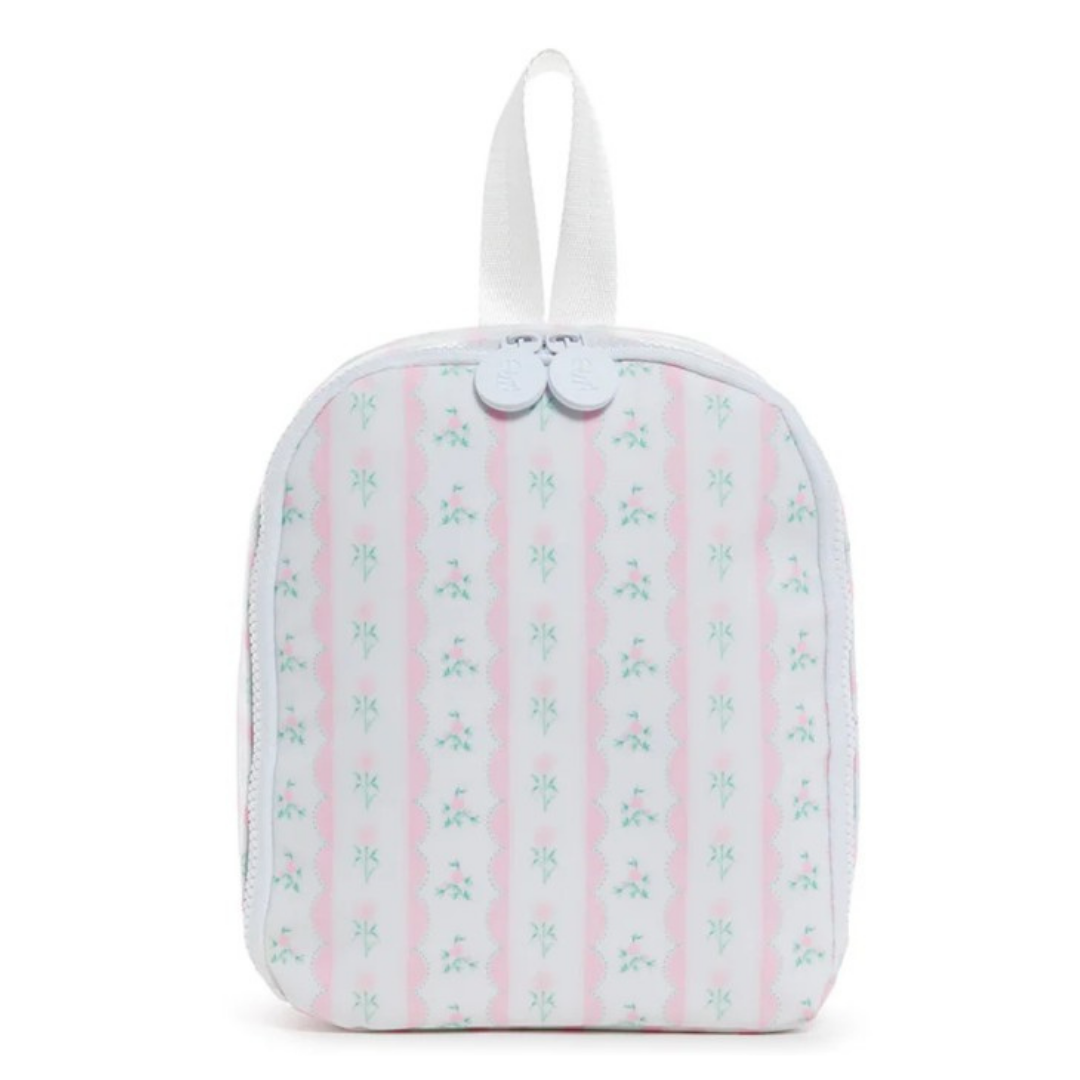 Lunch bag with pink and green striped pattern on a white background