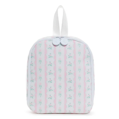 Lunch bag with pink and green striped pattern on a white background