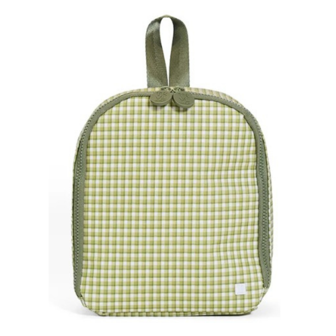 Green checkered lunch bag with a handle on a white background