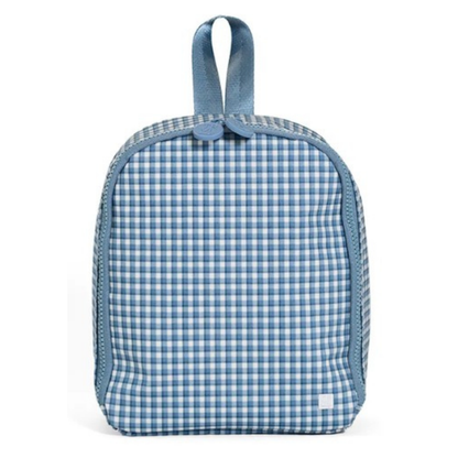 Blue and white checkered lunch bag with a handle on a white background