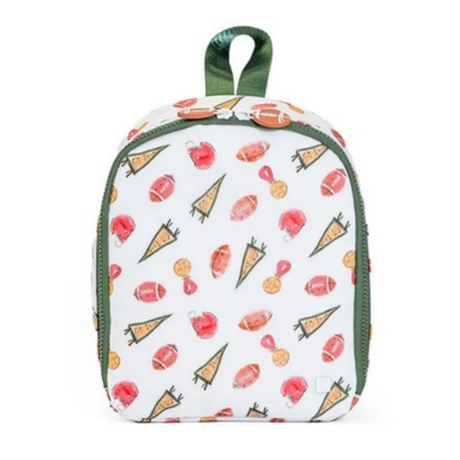 Lunch bag with football-themed pattern on a white background