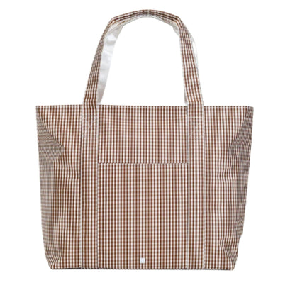 Brown and white checkered tote bag on a white background