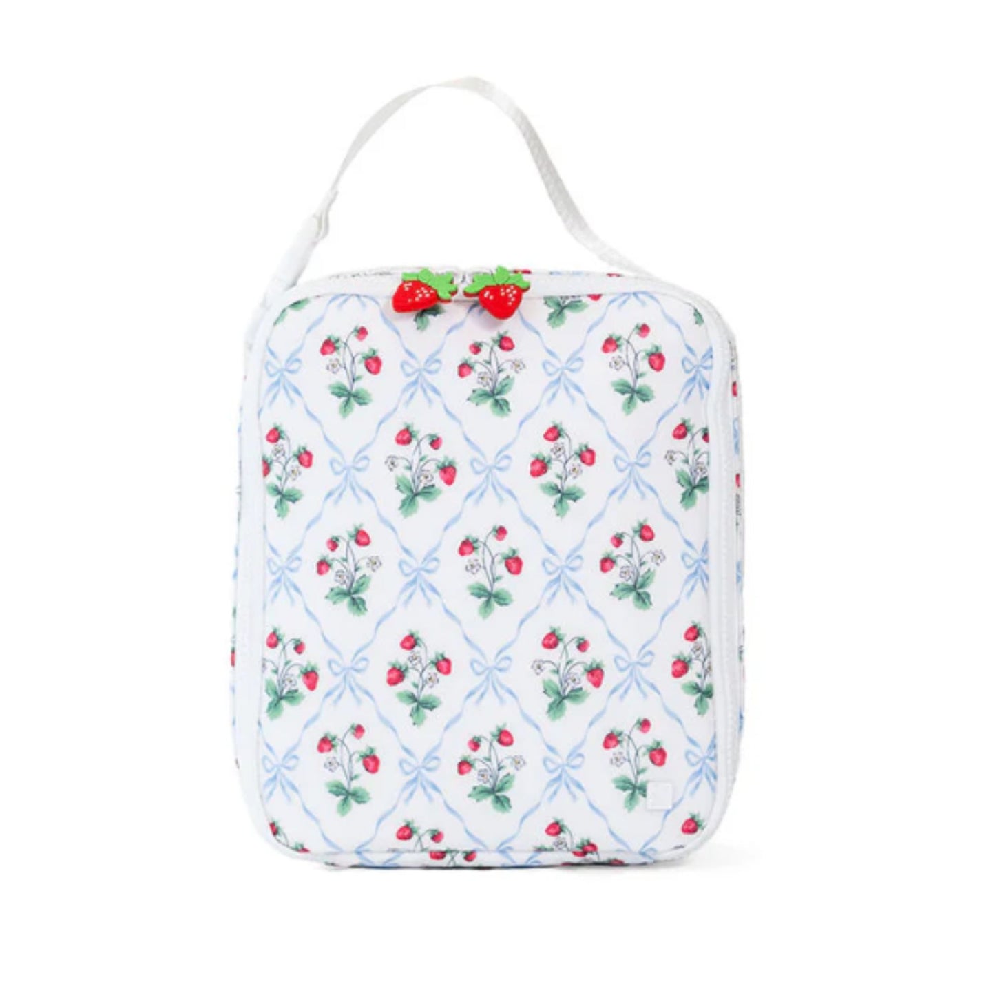 Rectangular pouch with strawberry pattern on a white background