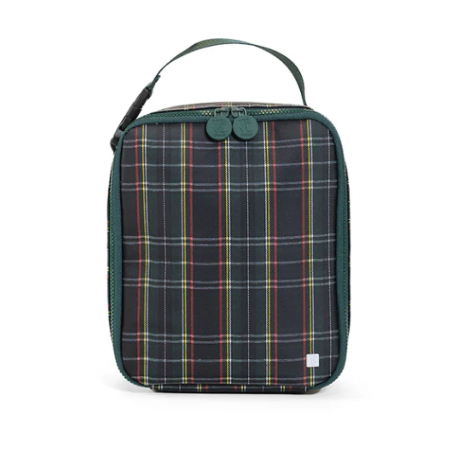 Plaid patterned bag with green zipper on a white background