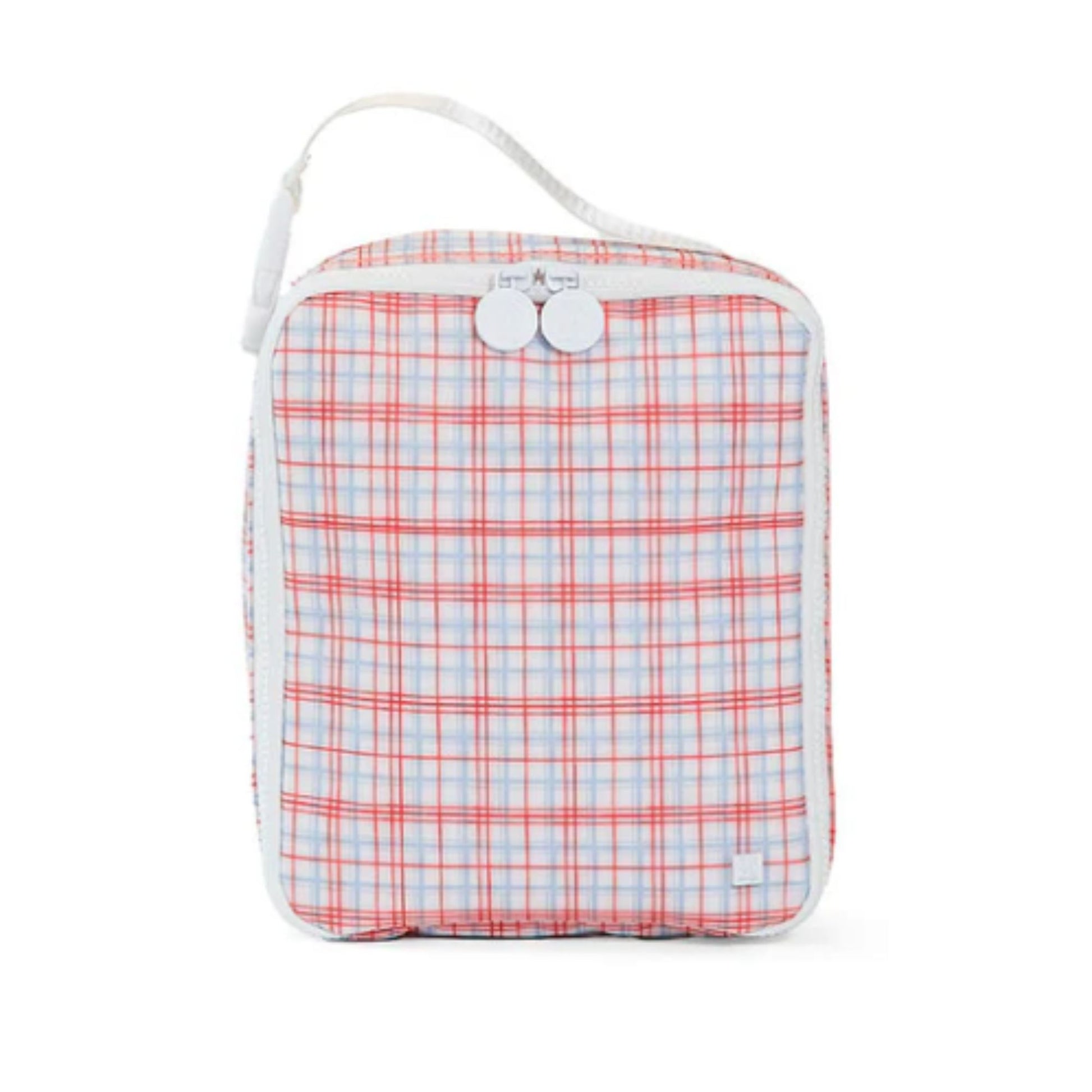 Plaid-patterned pouch with a strap on a white background