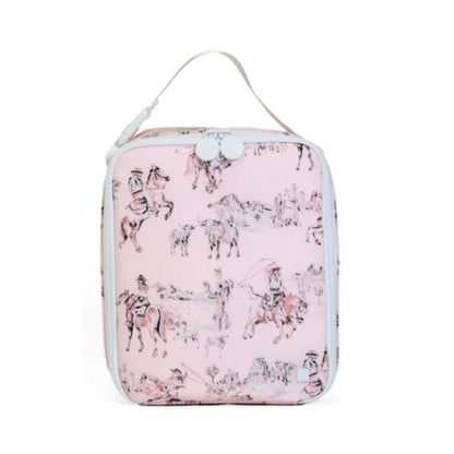 Pink lunch bag with horse and rider pattern on a white background