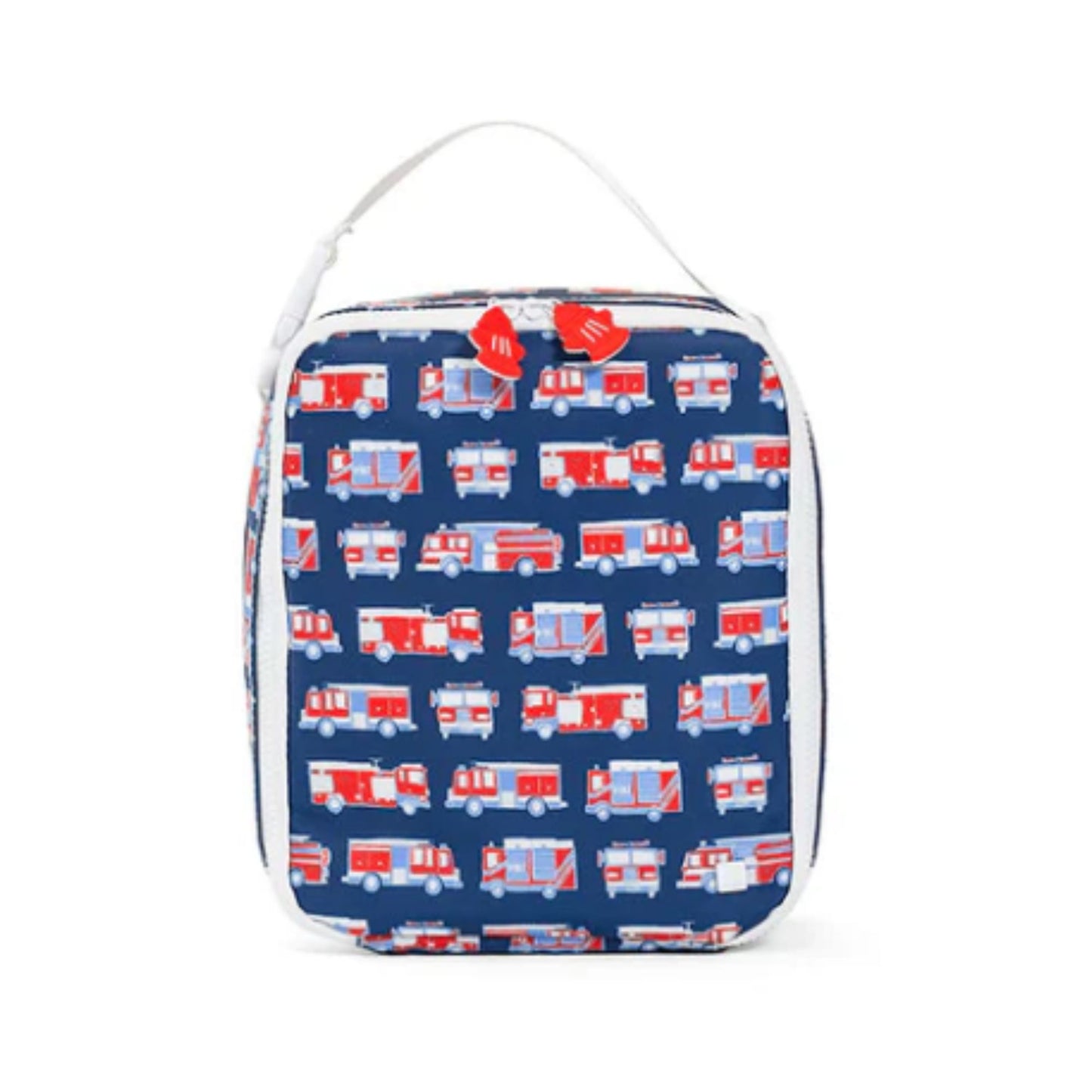 Blue lunch bag with small firetrucks on a white background