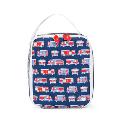 Blue lunch bag with small firetrucks on a white background