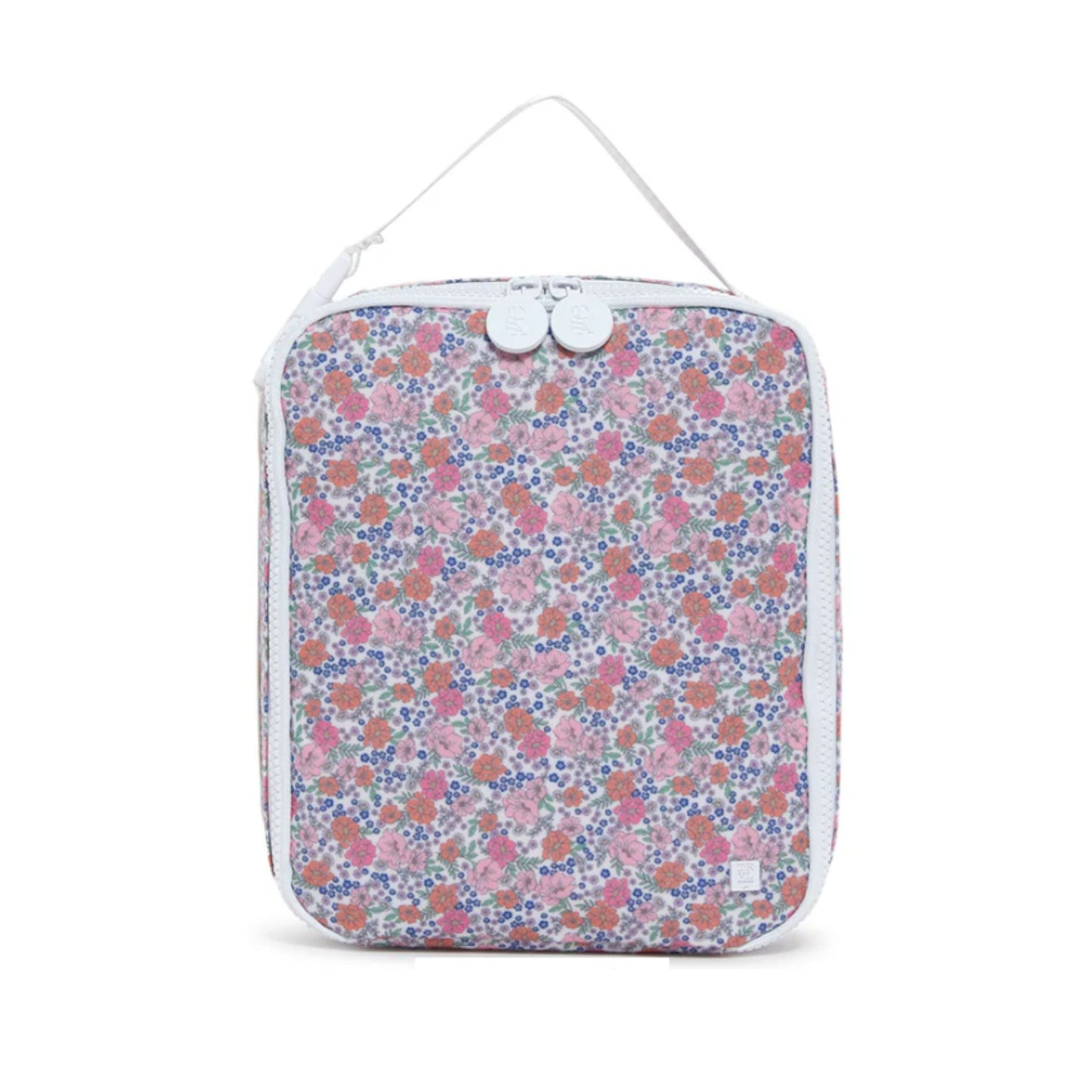 Floral-patterned pouch with a white strap on a white background