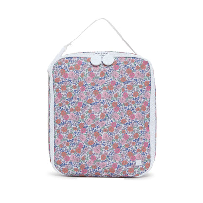 Floral-patterned pouch with a white strap on a white background