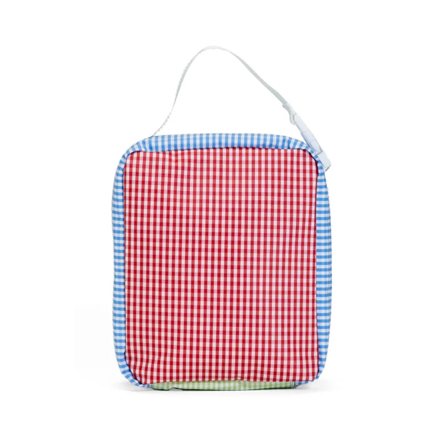 Red and blue checkered lunch bag with a white background