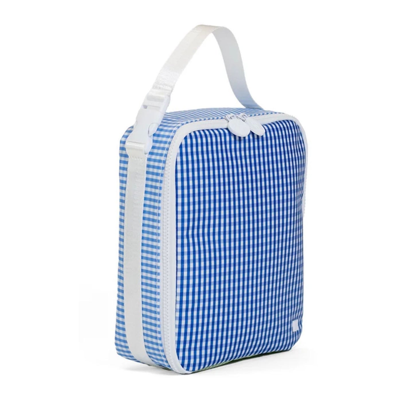 Blue and white checkered bag with a white strap on a white background
