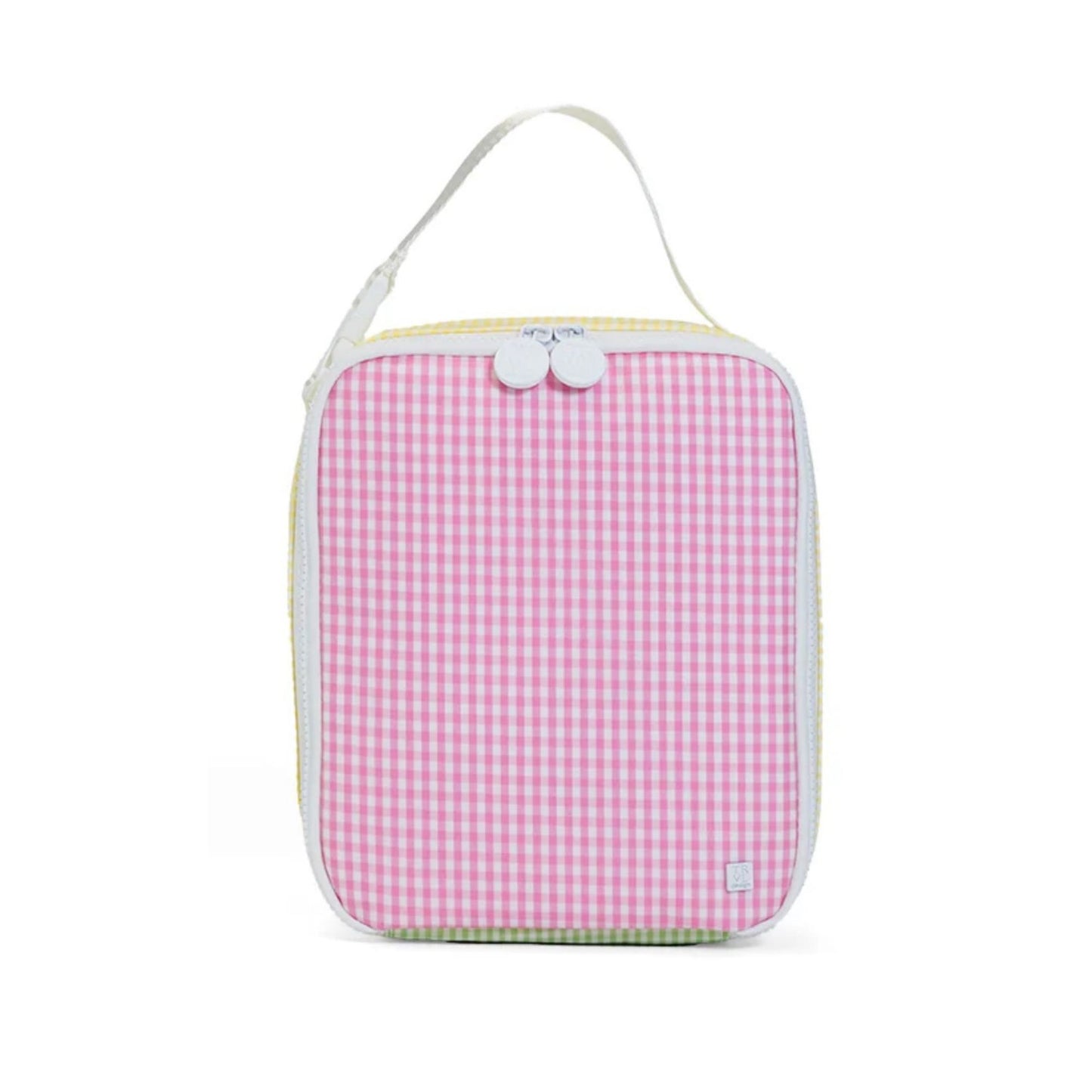 Pink gingham patterned lunch back with a white strap on a white background