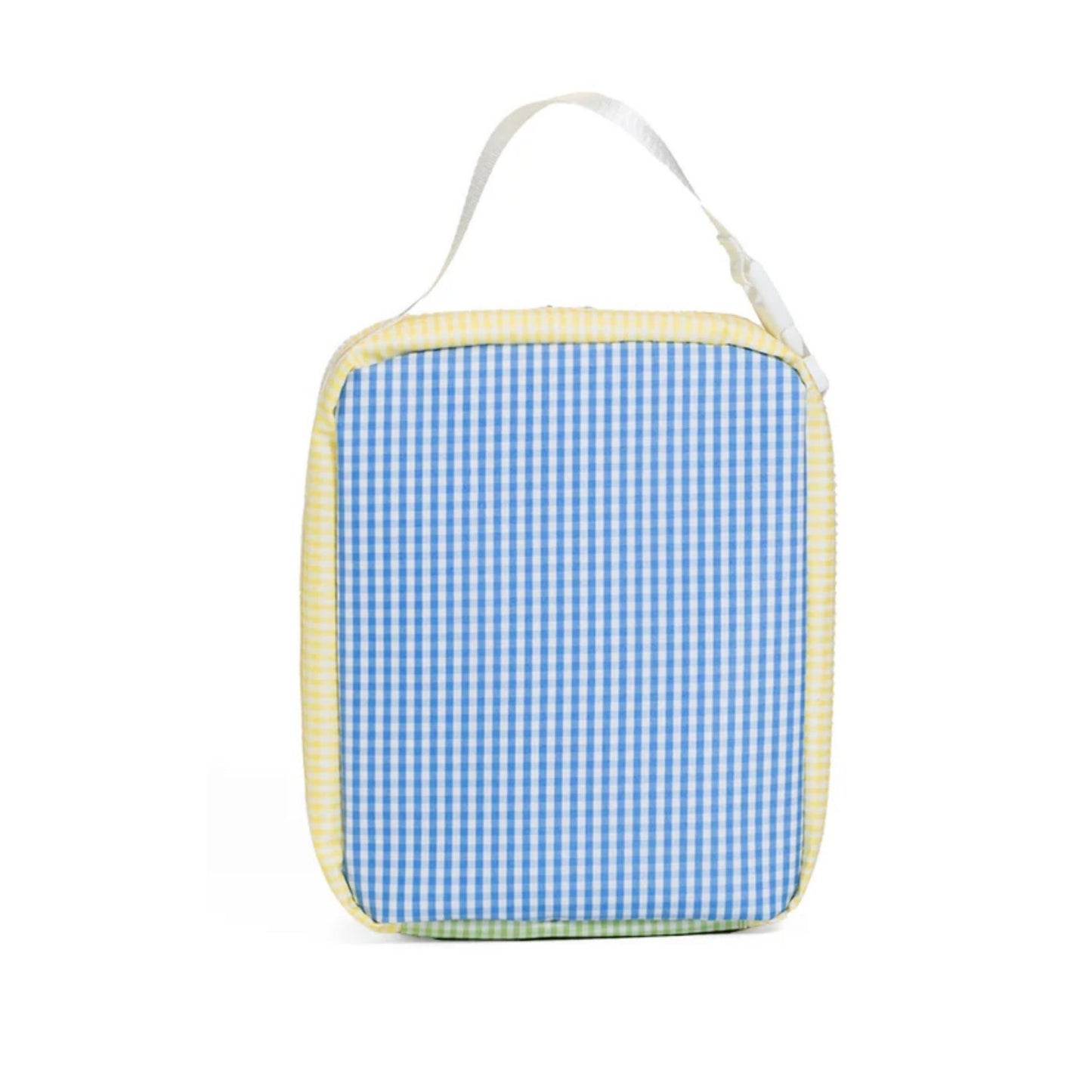 Blue and white checkered lunch bag with a yellow border on a white background
