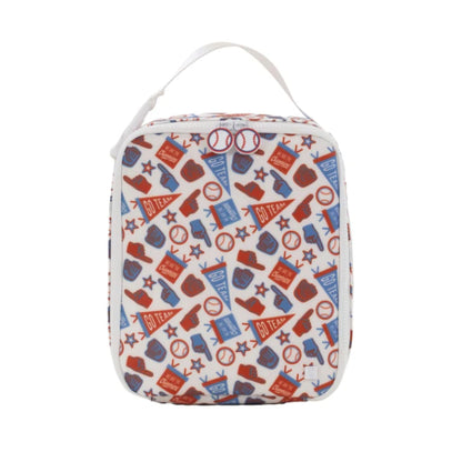 Rectangular pouch with sports-themed pattern on a white background