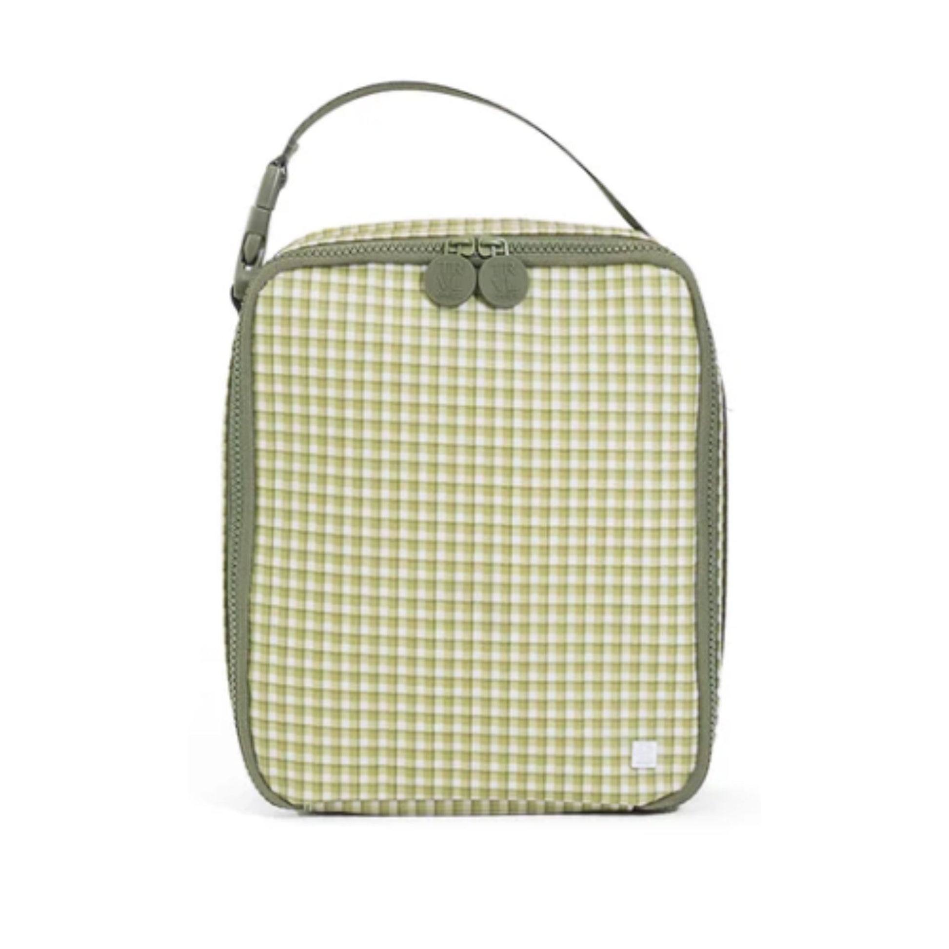 Green checkered toiletry bag with a strap on a white background