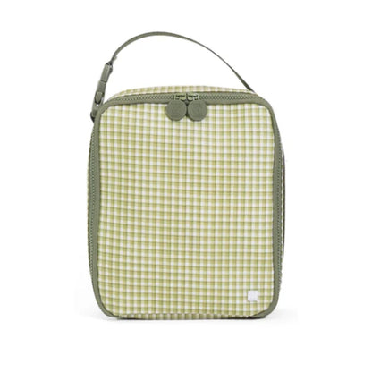 Green checkered toiletry bag with a strap on a white background