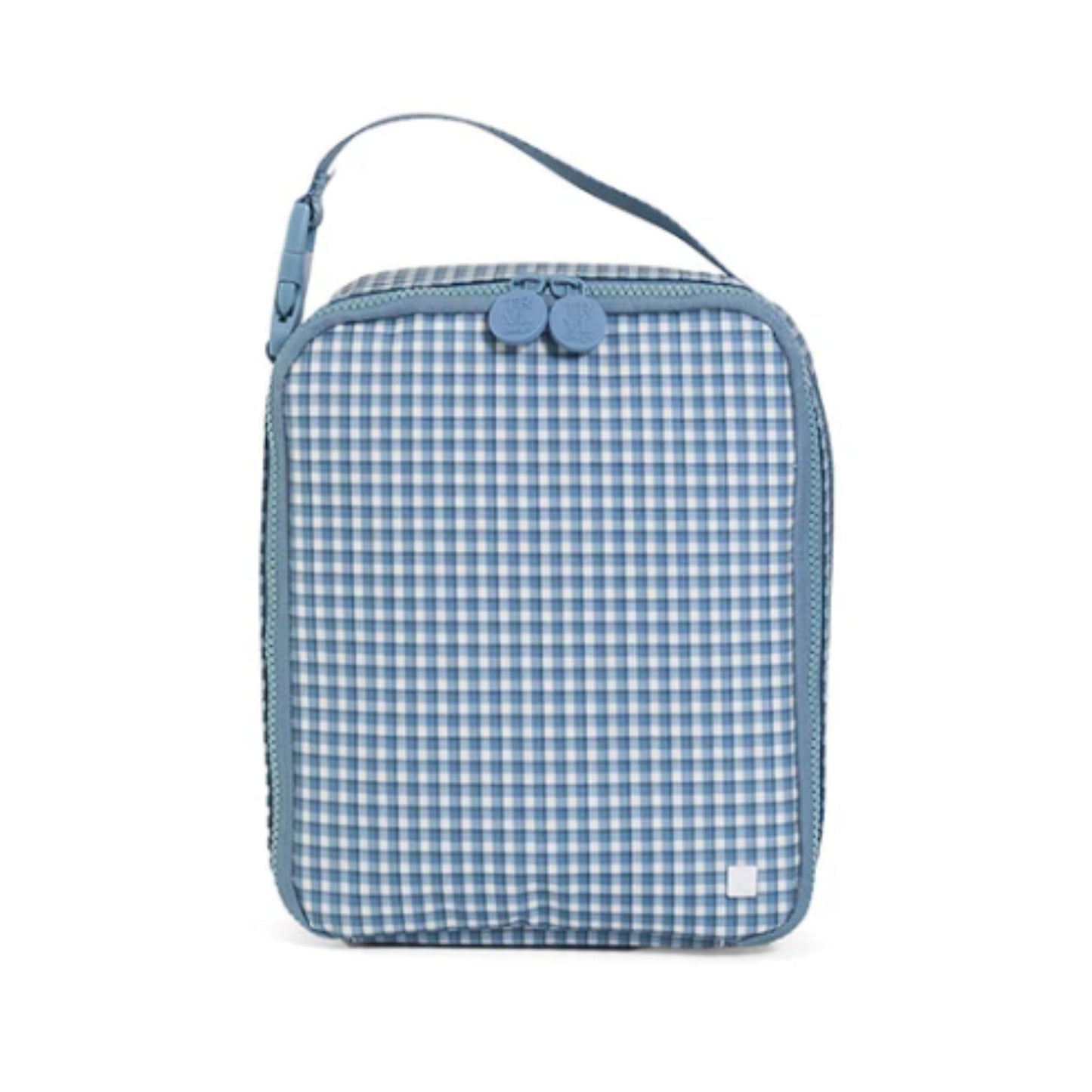 Blue checkered lunch bag on a white background