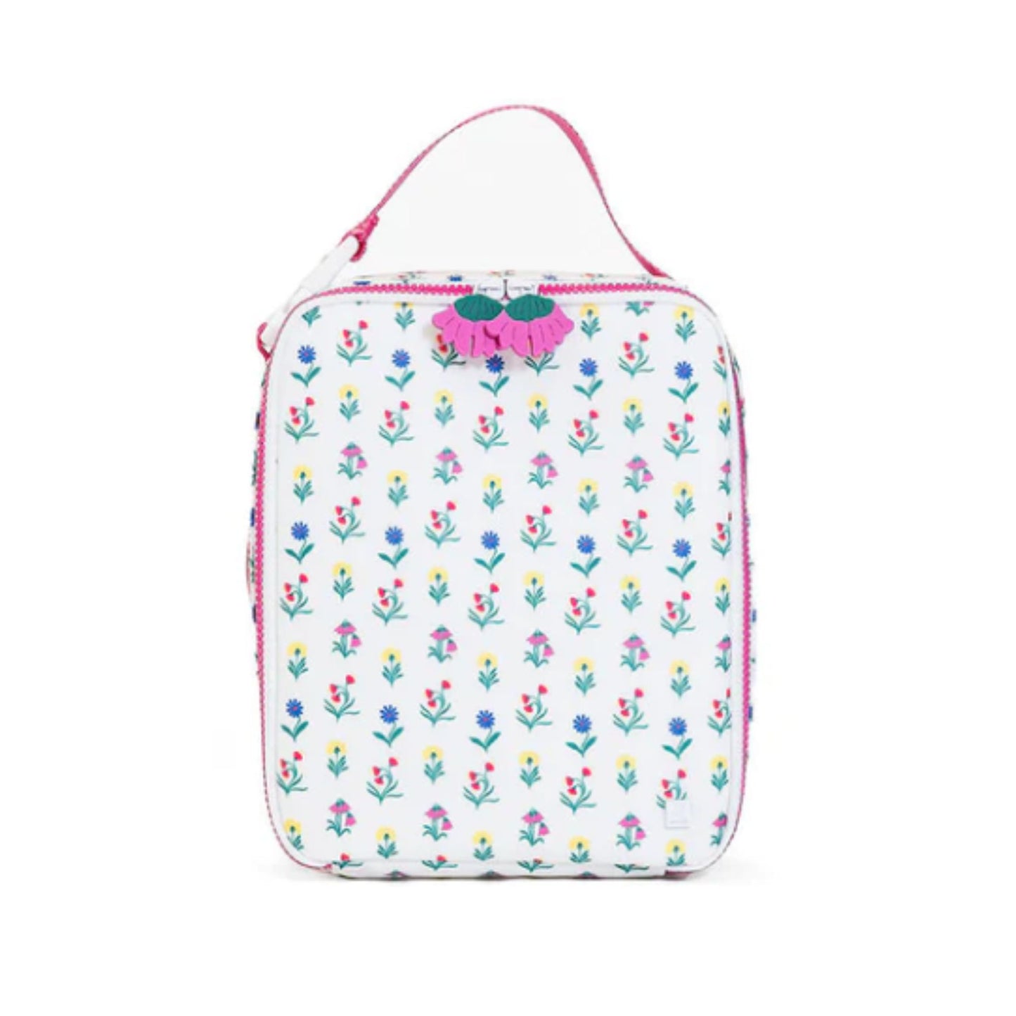 Small pouch with floral pattern and pink character on a white background