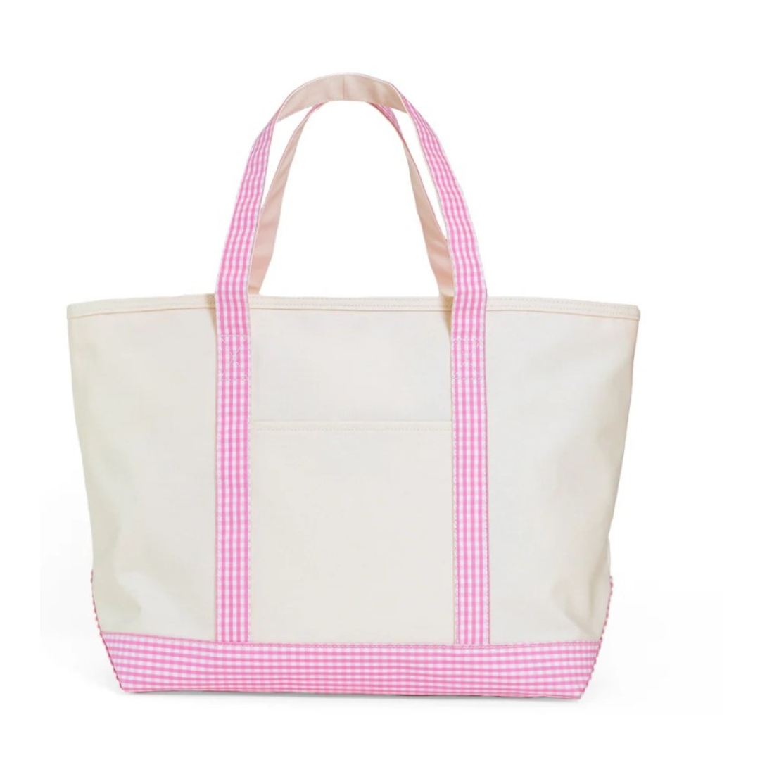 White tote bag with pink gingham trim on a white background