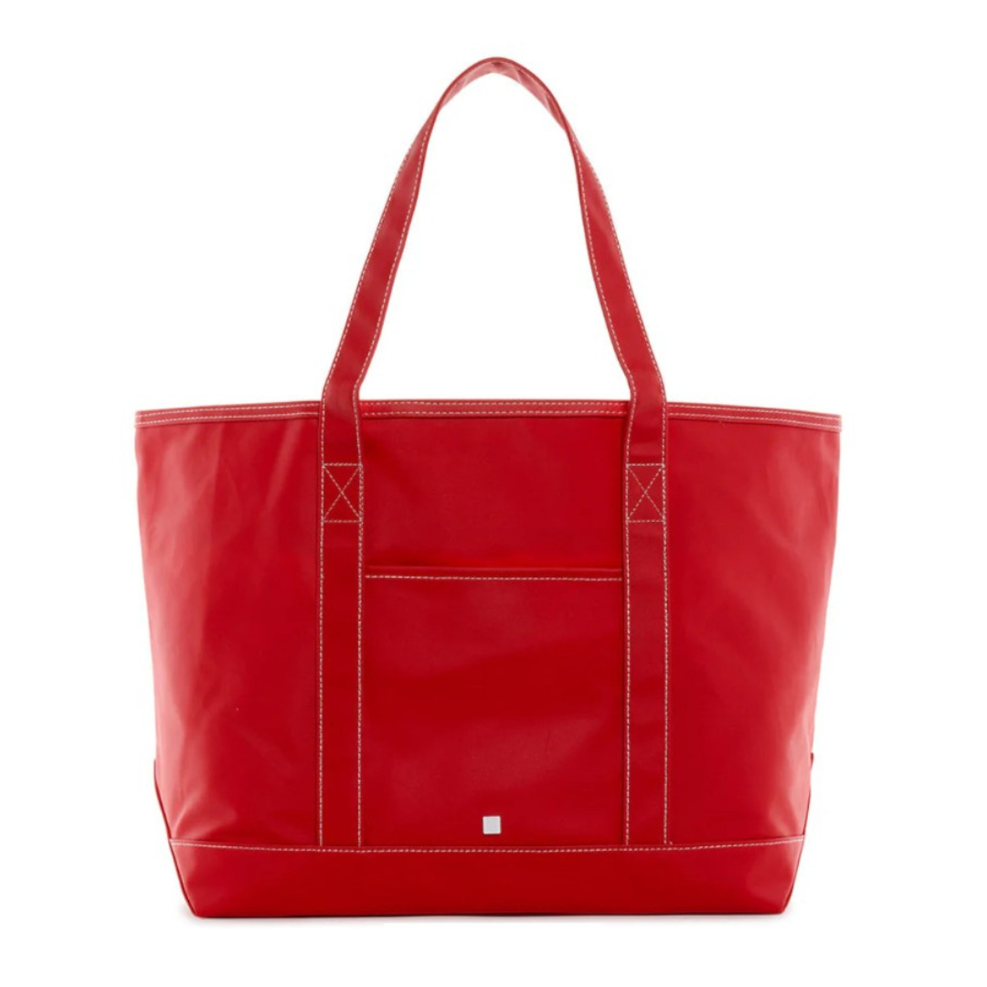 Red tote bag with white stitching on a white background
